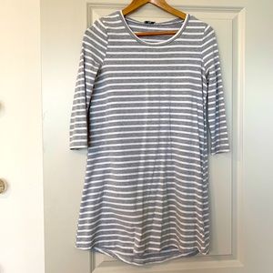 Grey and white striped t-shirt dress, 3/4 sleeves